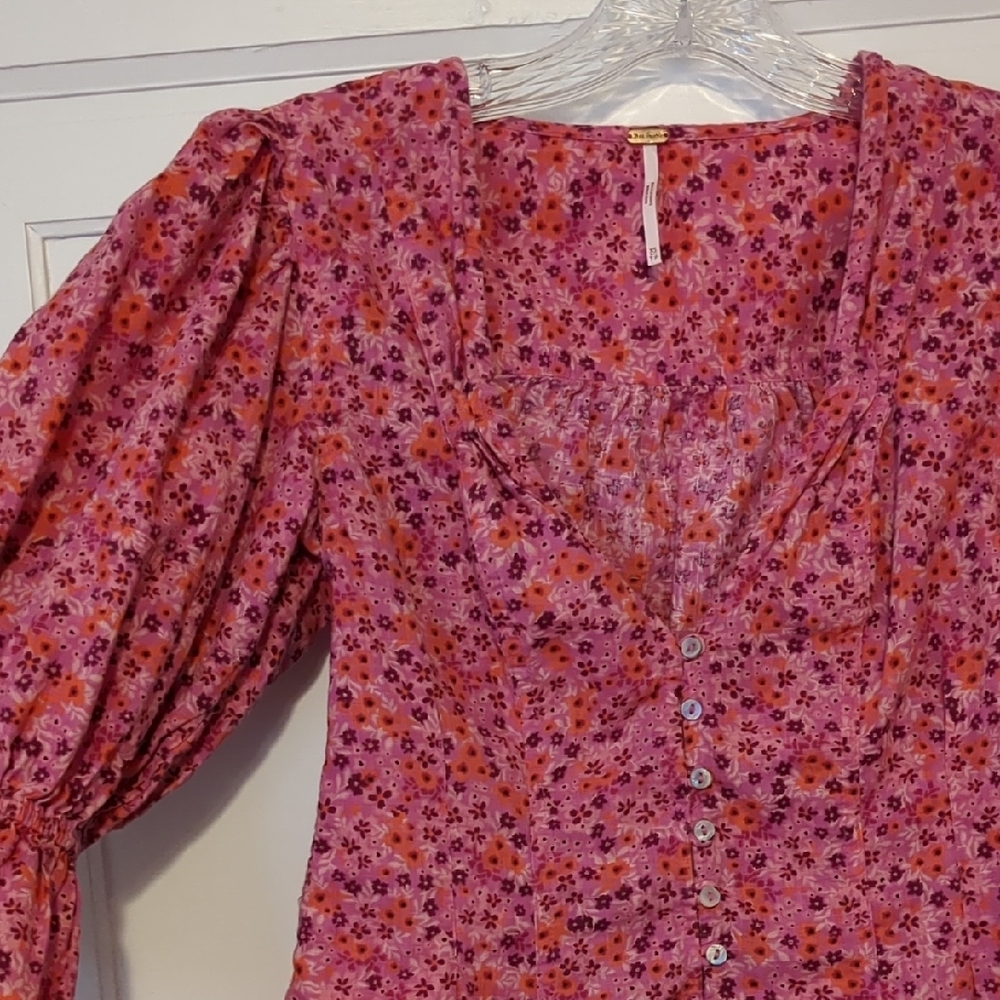 Free People I Found You Puff Sleeve Barbie Pink Picnic Princess Floral Cotton XS
